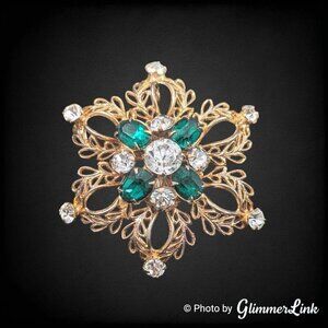 VTG Scitarelli Filigree Flower Green Clear Rhinestones Gold Tone Brooch Pendant